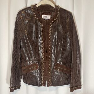 Bradley Bayou Chocolate Leather & Suede Snake Print Gold Chain Trim Jacket Sz Sm